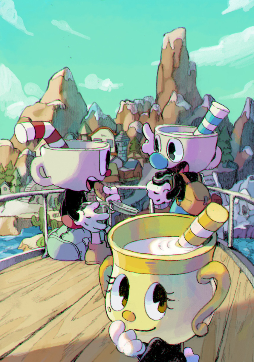 1girl, 2boys, absurdres, bag, binoculars, blue_sky, boat, chalice