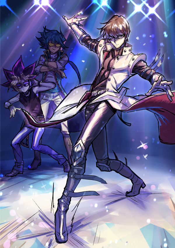 3boys, aigami, armlet, belt, black_footwear, black_hair, black_shirt, black_wrist_cuffs