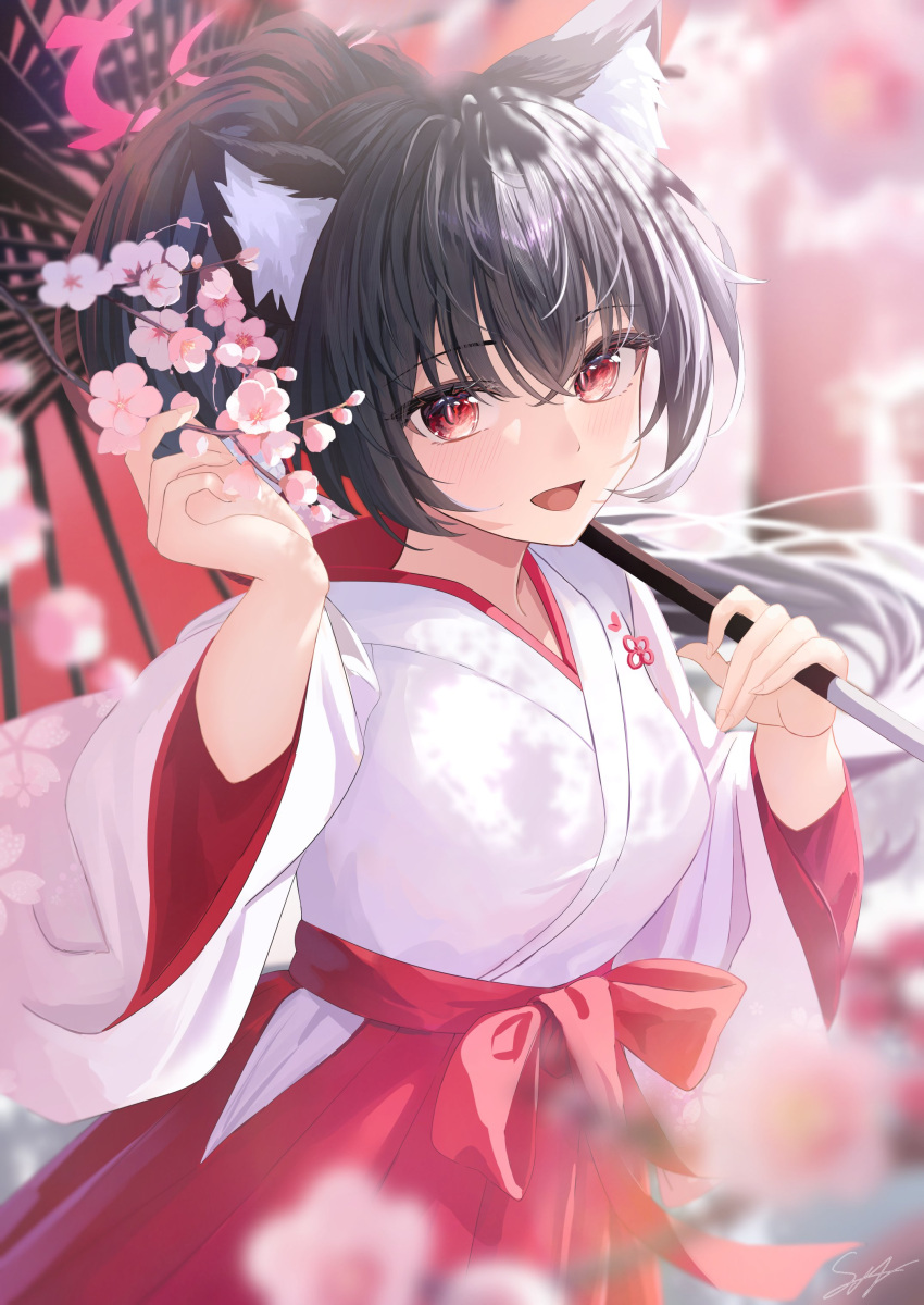 1girl, absurdres, animal_ears, black_hair, blue_archive, blush, breasts, cat_ears