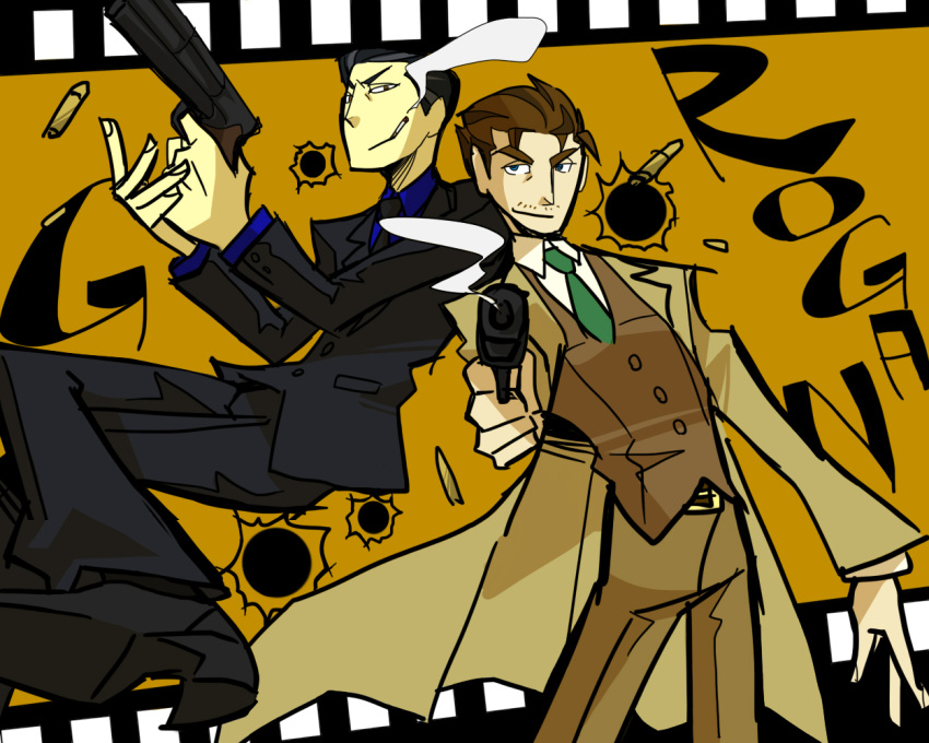 2boys, artist_request, badass, bullet, bullet_hole, business_suit, cigarette, film_strip