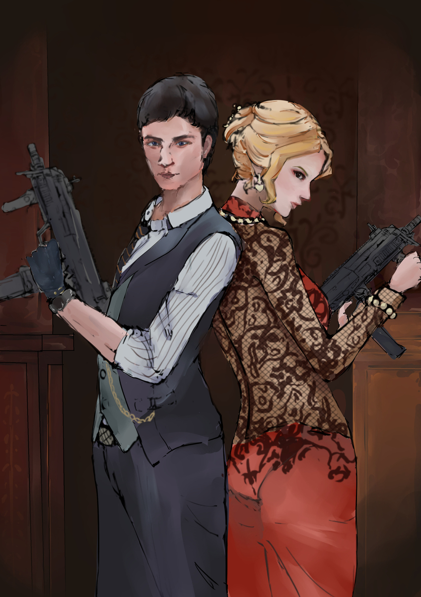 1boy, 1girl, blonde, blonde_hair, brown_background, business_suit, done_(artist), gun, house_of_the_dead, house_of_the_dead_scarlet_dawn, indoors, kate_green, machine_gun, red_dress, ryan_taylor, sega, submachine_gun, weapon