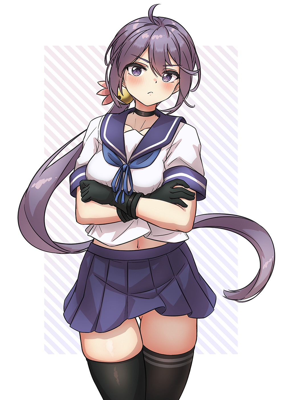 1girl, akebono_(kancolle), akebono_kai_ni_(kancolle), arthur_ko, ass_visible_through_thighs, bell, black_choker, black_gloves