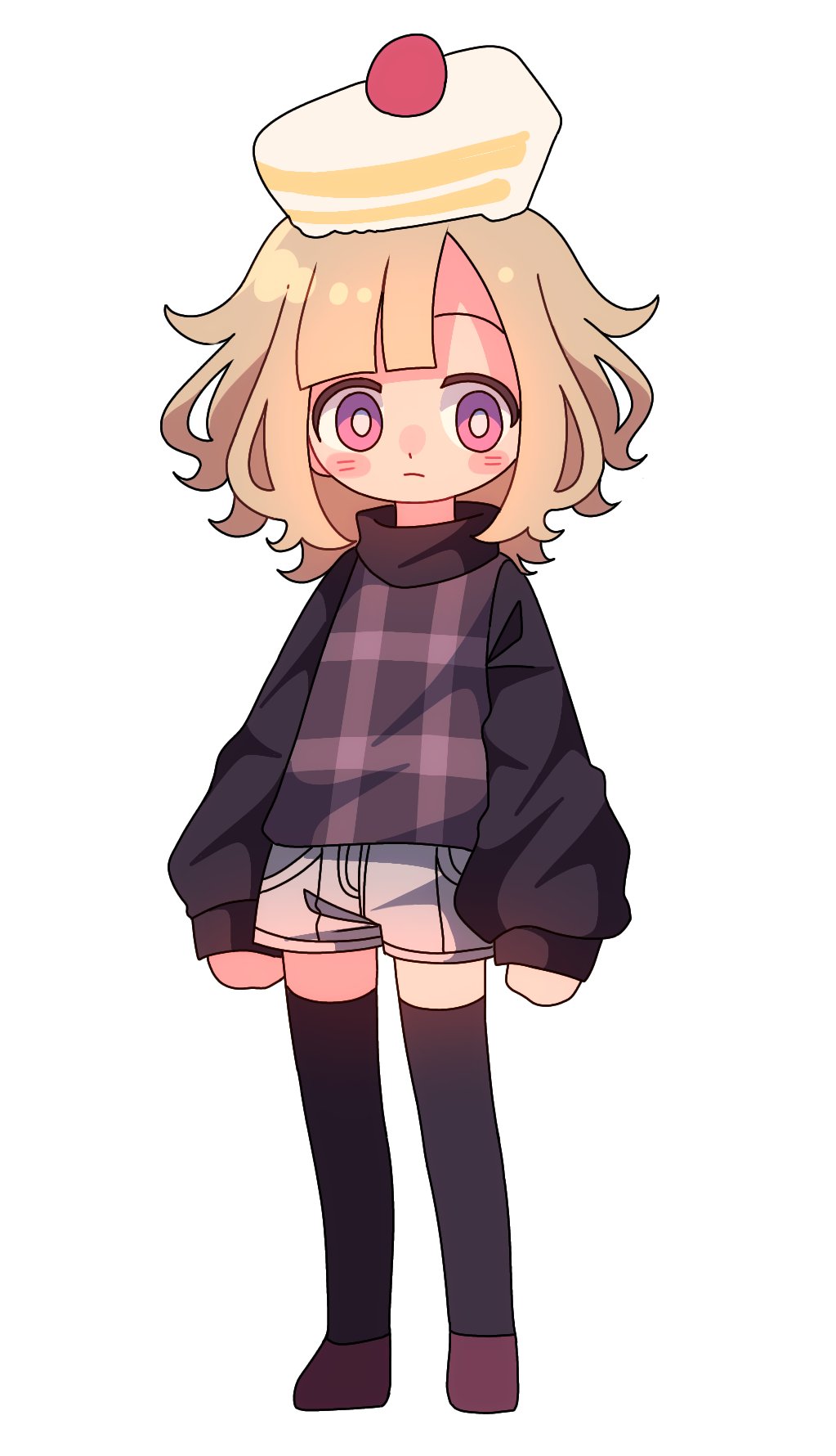 1girl, black_sweater, black_thighhighs, blonde_hair, blush, cake, cake_on_head, cake_slice