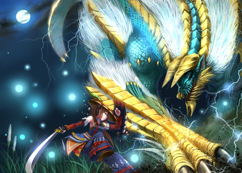 brown_eyes, brown_hair, capcom, claws, full_moon, hat, highres, horns