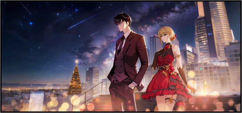 1boy, 1girl, absurdres, bare_shoulders, black_hair, black_jacket, black_necktie, black_suit, blonde_hair, bob_cut, building, cha_hae-in, christmas_tree, collared_shirt, dress, elbow_gloves, formal_clothes, gloves, hair_between_eyes, hand_in_pocket, highres, jacket, lens_flare, long_sleeves, necktie, night, night_sky, official_alternate_costume, official_art, red_dress, shirt, shooting_star, short_hair, sidelocks, sky, smile, solo_leveling, solo_leveling:_arise, suit, sung_jin-woo, third-party_source, vest