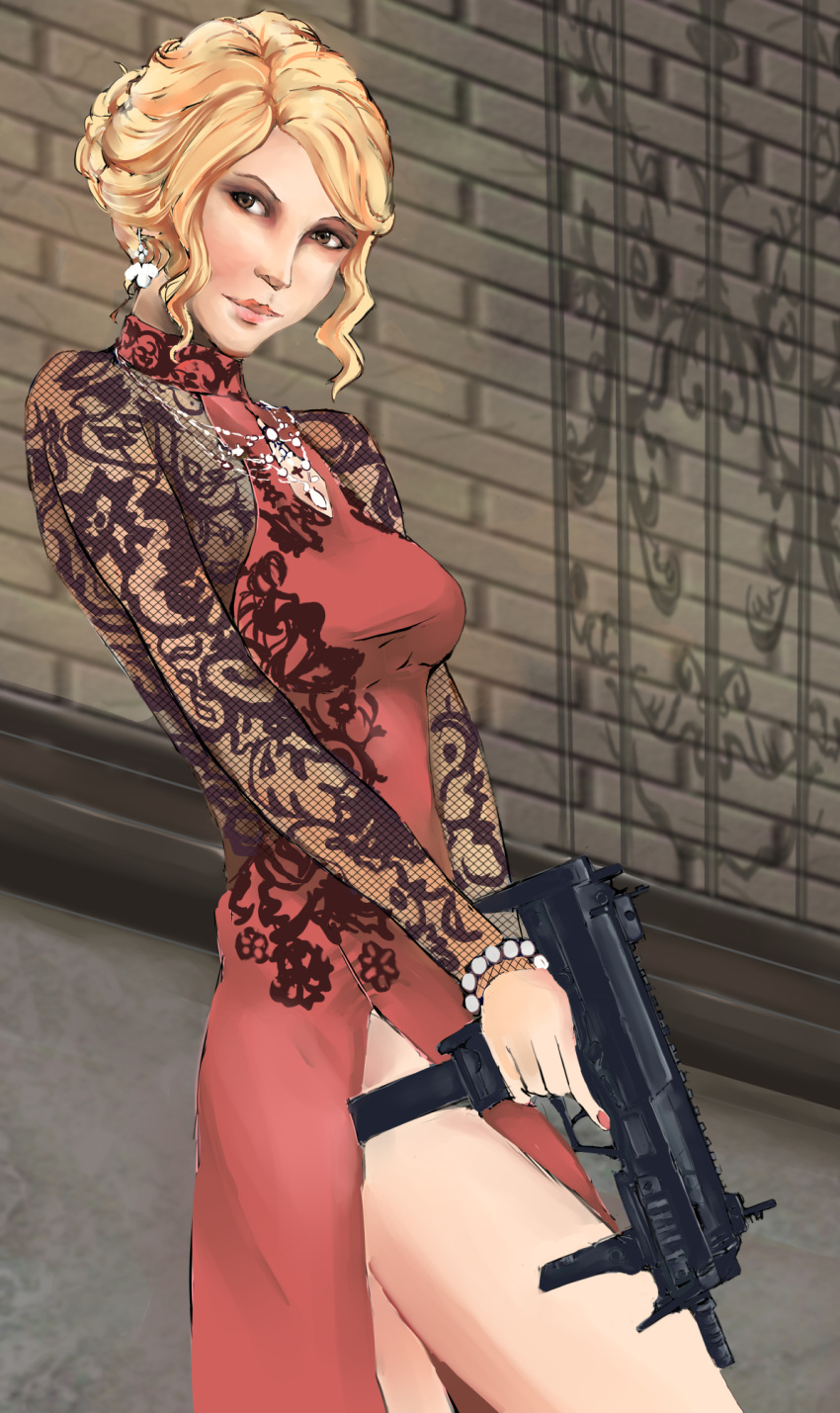 1girl, blonde, blonde_hair, brick, brick_wall, done_(artist), earrings, female, female_focus, gun, house_of_the_dead, house_of_the_dead_scarlet_dawn, kate_green, machine_gun, red_dress, sega, solo, solo_focus, submachine_gun