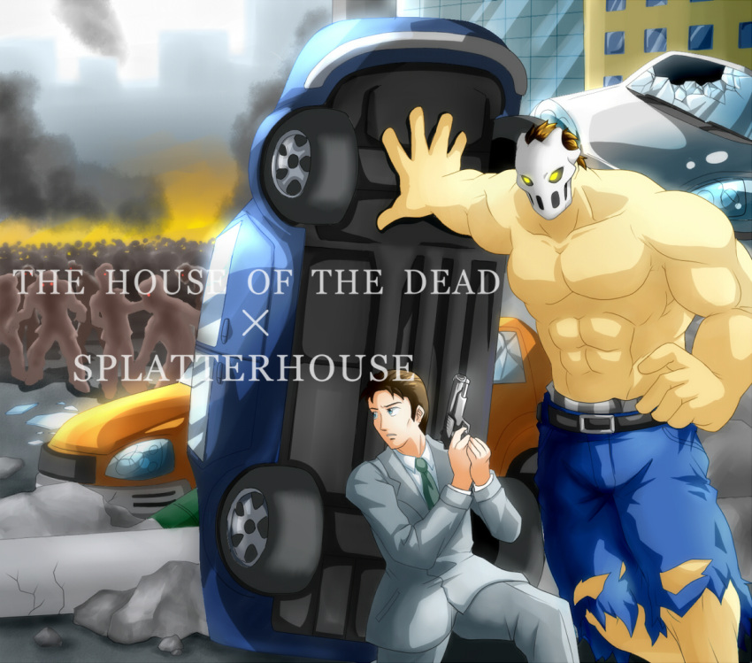2boys, apocalypse, brown_hair, business_suit, car, city, cityscape, crossover