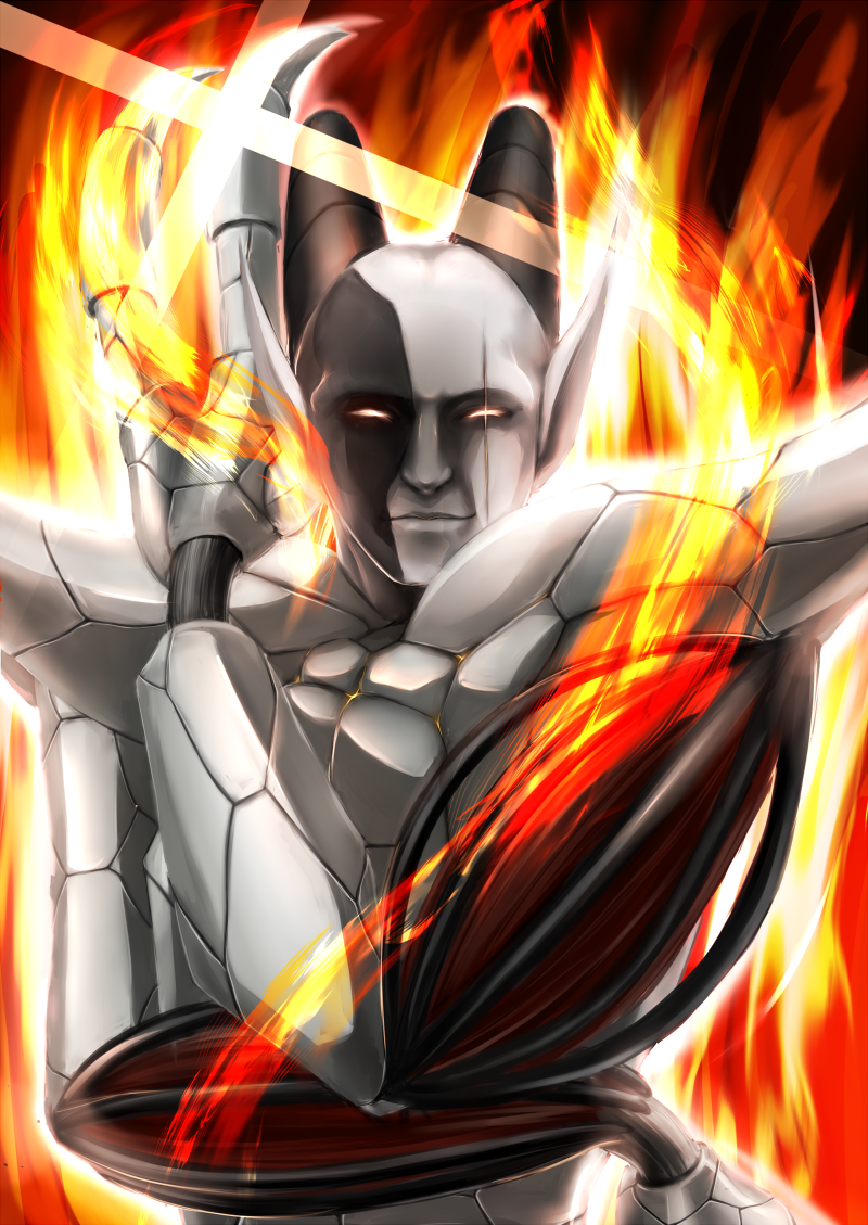 1boy, boss, boss_fight, exposed_muscle, fire, house_of_the_dead, jojo_pose, magician, magician_(house_of_the_dead), male, male_focus, pofuyami, portrait, robot, sega