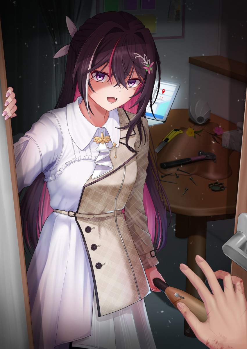 1girl, azki_(4th_costume)_(hololive), azki_(hololive), baseball_bat, boxcutter, brown_hair, collared_dress, colored_inner_hair