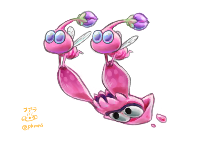 animal, assisted_carrying, black_eyes, blue_eyes, bud, colored_skin, commentary_request, crossover