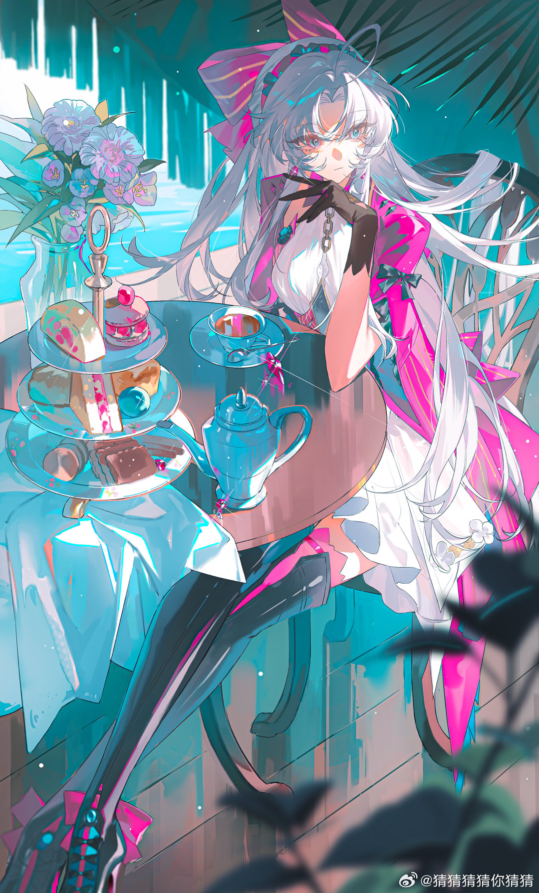 1girl, artist_name, black_gloves, blue_eyes, bow, caicaicaicai_ni_caicai, carlotta_(wuthering_waves), chinese_commentary, commentary_request, dress, full_body, gloves, hair_bow, highres, long_hair, looking_to_the_side, on_chair, outdoors, parted_bangs, pink_bow, sitting, solo, table, vase, weibo_logo, white_hair, wooden_floor, wuthering_waves