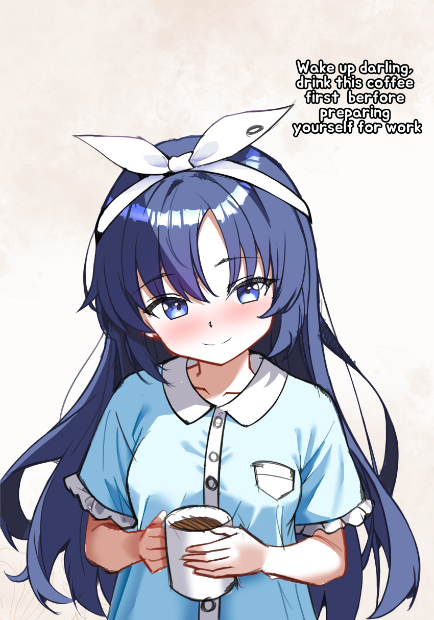 1girl, absurdres, blue_archive, blue_eyes, blue_hair, blue_pajamas, blush, bow, breast_pocket, breasts, closed_mouth, coffee, coffee_mug, collarbone, cunvaroy, cup, english_text, hair_between_eyes, hairband, highres, holding, holding_cup, long_hair, looking_at_viewer, medium_breasts, mug, official_alternate_costume, pajamas, pocket, short_sleeves, simple_background, sleepwear, smile, solo, white_bow, white_hairband, yuuka_(blue_archive), yuuka_(pajamas)_(blue_archive)