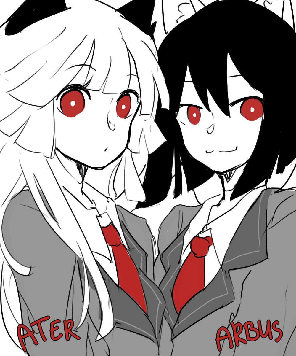 2girls, :3, arbus_(funamusea), ater_(funamusea), black_hair, cat_girl, demon_girl, funamusea