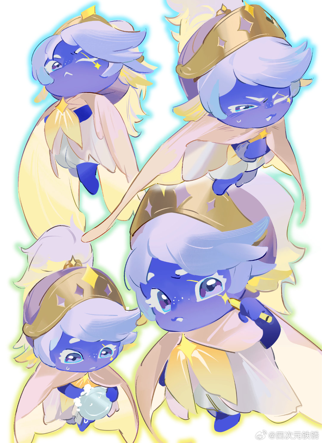 1boy, avicinda_(infinity_nikki), blue_outline, blue_skin, brooch, cape, closed_mouth, colored_eyelashes