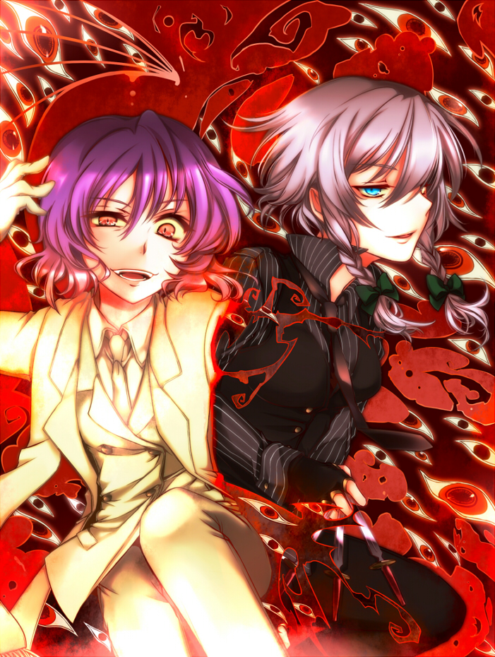 alucard_(hellsing), blue_eyes, braid, cosplay, eyes, formal, girlycard, girlycard_(cosplay), hellsing, izayoi_sakuya, mikazuki_tenma, multiple_girls, pant_suit, purple_hair, red_eyes, remilia_scarlet, short_hair, silver_hair, suit, touhou, twin_braids, walter, walter_(cosplay), walter_c_dornez, walter_c_dornez_(cosplay)