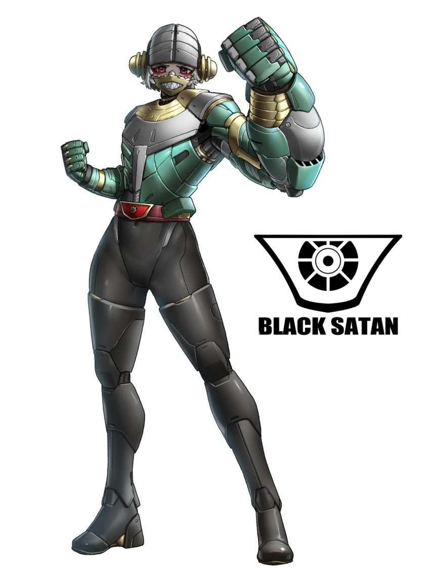 1girl, belt, belt_buckle, black_bodysuit, black_footwear, bodysuit, boots, buckle, clenched_hands, commentary, covered_navel, cyborg, eidenjyou1997, emblem, english_commentary, full_body, genderswap, genderswap_(mtf), gorilla_girl, grey_hair, helmet, highres, kamen_rider, kamen_rider_stronger_(series), kikkaijin_mecha-gorilla, looking_at_viewer, mask, mechanical_arms, monster_girl, mouth_mask, red_belt, red_eyes, short_hair, simple_background, solo, standing, thigh_boots, white_background