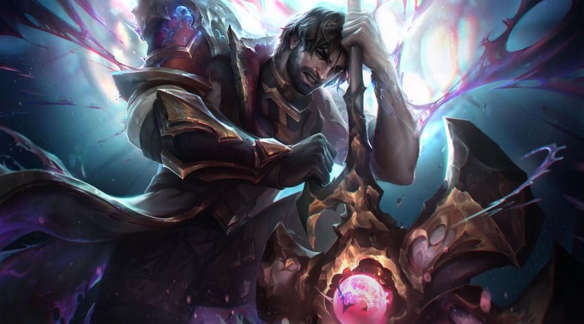1boy, absurdres, arcane:_league_of_legends, arcane_jayce, armor, beard, black_gloves, blurry