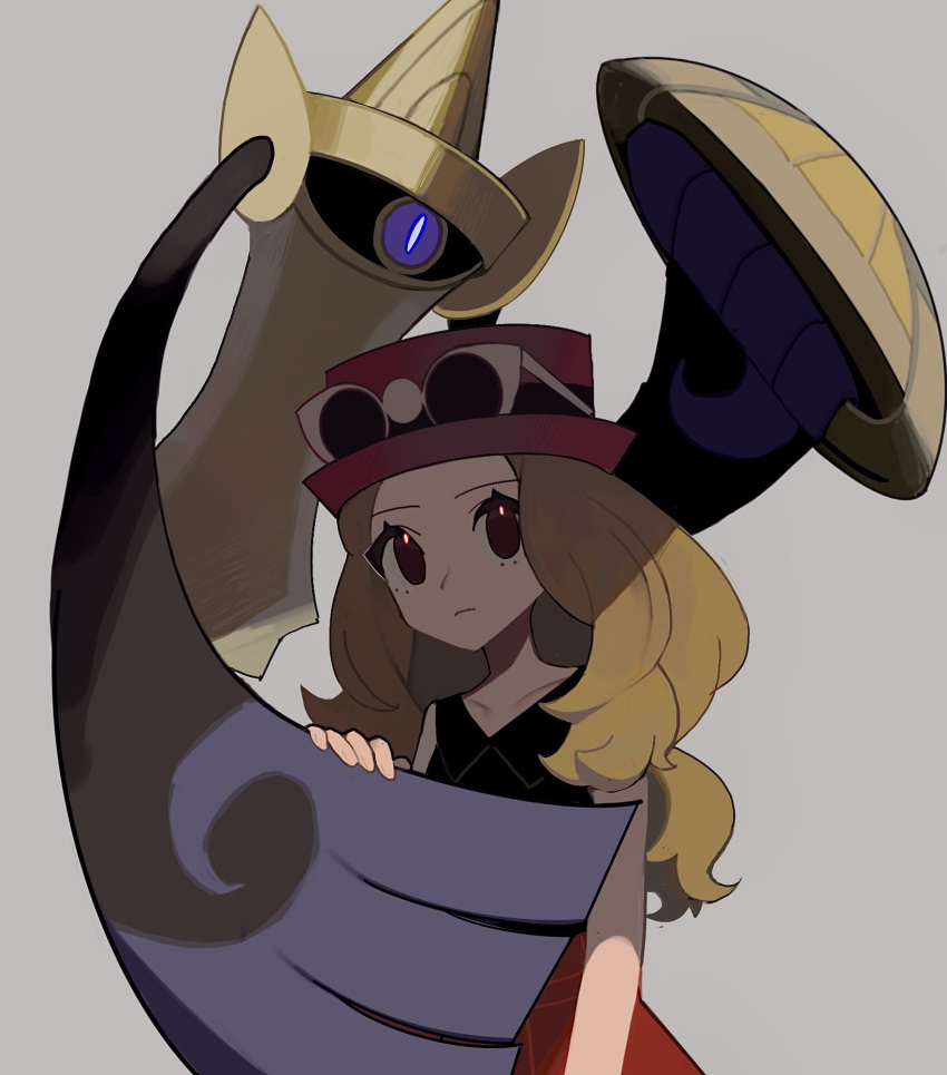 1girl, 950magi618, aegislash, black_shirt, blonde_hair, closed_mouth, eyewear_on_headwear, hat