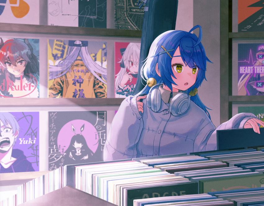 1girl, :o, ahoge, alternate_costume, amamiya_kokoro, bag, bell, blue_hair, chi-kun_(yuuki_chihiro), commentary_request, debidebi_debiru, dola_(1st_costume)_(nijisanji), dola_(nijisanji), dot_nose, fang, genderswap, genderswap_(ftm), hair_bell, hair_intakes, hair_ornament, headphones, headphones_around_neck, highres, higuchi_kaede, jacket, jingle_bell, kuzuha_(nijisanji), long_hair, low_twintails, nijisanji, open_mouth, padded_jacket, record_jacket, record_store, sanya_(kuzuha), sean_uc8, shop, shopping, shoulder_bag, sidelocks, skin_fang, sleeves_past_wrists, solo, swept_bangs, takamiya_rion, takamiya_rion_(5th_costume), trinity_(nijisanji), tsukino_mito, twintails, upper_body, usseewa, virtual_youtuber, white_jacket, x_hair_ornament, yellow_eyes, yuuki_chihiro