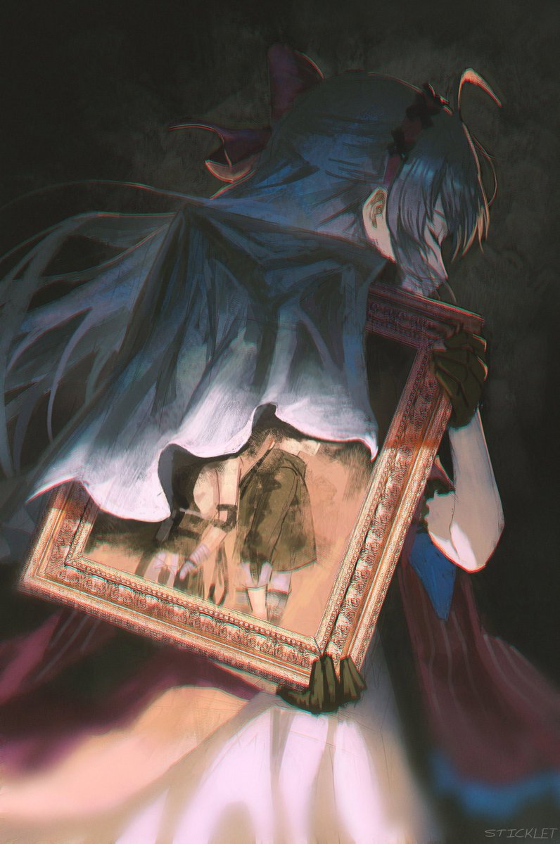 1girl, black_gloves, bow, carlotta_(wuthering_waves), chromatic_aberration, closed_eyes, commentary, cowboy_shot, draws_sticks, floating_hair, gloves, hair_bow, hairband, highres, holding, holding_picture_frame, jacket, long_hair, picture_frame, pink_bow, pink_hairband, pink_jacket, sidelocks, solo, whtie_hair, wuthering_waves