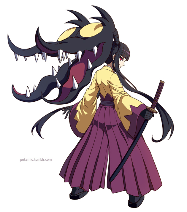 1other, androgynous, artist_name, big_hair, black_footwear, black_gloves, black_hair, black_socks, blunt_bangs, bright_pupils, closed_mouth, commentary, english_commentary, extra_mouth, from_behind, full_body, gloves, hakama, happy, holding, holding_sword, holding_weapon, humanization, japanese_clothes, katana, kimono, living_hair, long_hair, long_sleeves, looking_at_viewer, looking_back, mawile, mega_mawile, mega_pokemon, open_mouth, other_focus, pokemio, pokemon, profile, purple_hakama, red_eyes, sandals, sharp_teeth, sheath, sheathed, sidelocks, simple_background, smile, socks, solo, standing, sword, teeth, very_long_hair, watermark, weapon, web_address, white_background, white_pupils, wide_sleeves, yellow_kimono