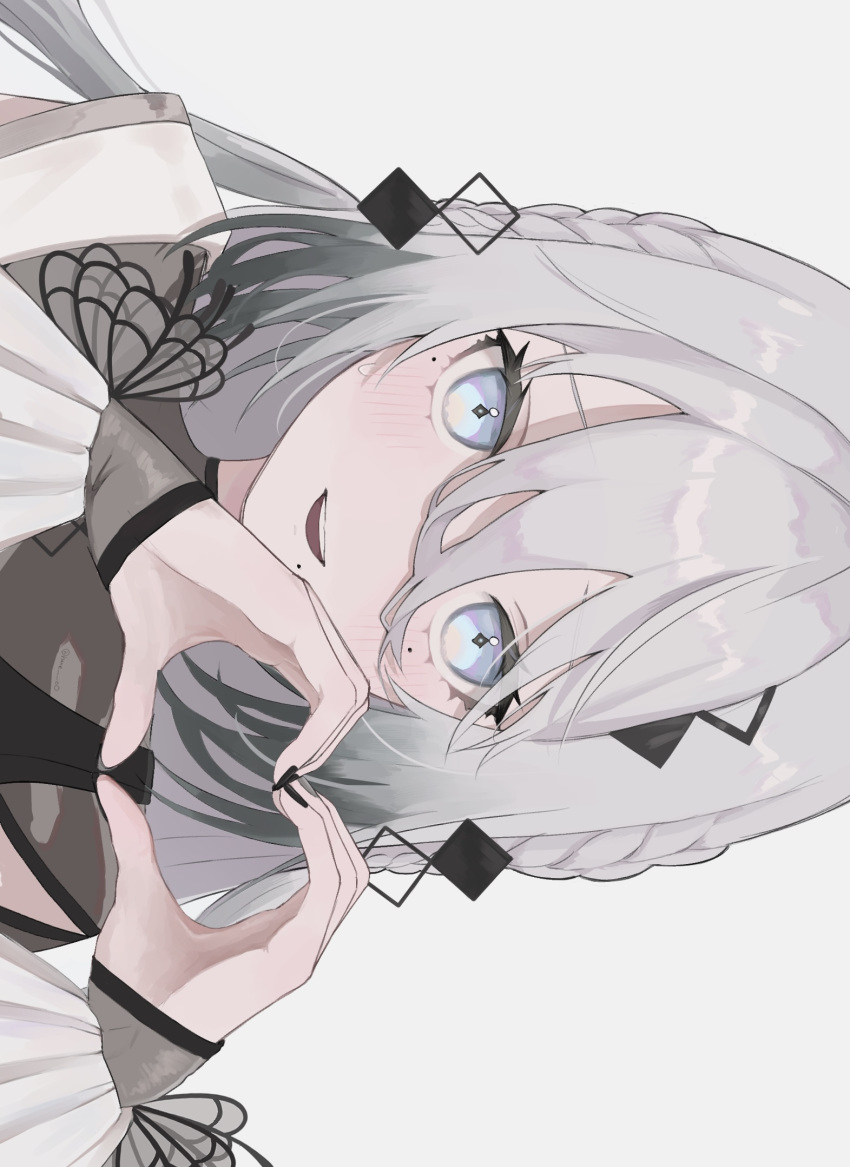 1girl, black_hair, blue_eyes, gradient_hair, grey_hair, hanon_non, heart, heart_hands, highres, looking_at_viewer, mole, mole_under_eye, mole_under_mouth, multicolored_hair, nijisanji, open_mouth, solo, sophia_valentine, teeth, two-tone_hair, upper_teeth_only, virtual_youtuber, white_background