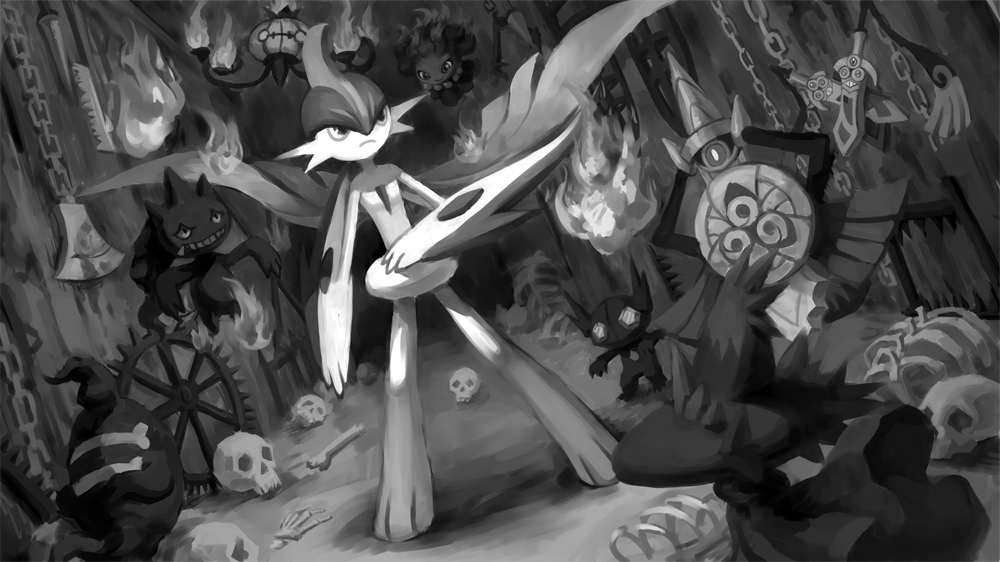 1boy, 2others, aegislash, arm_blade, axe, banette, blood, bone