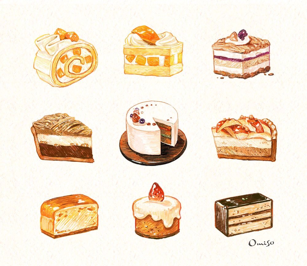 apple_pie, bad_id, bad_twitter_id, bread, cake, cake_slice, chocolate_cake, chocolate_pie, commentary, dessert, food, food_focus, fruit, icing, no_humans, omiso_(n0m), original, pie, pie_slice, plate, signature, simple_background, strawberry, strawberry_shortcake, swiss_roll, symbol-only_commentary, tiramisu, white_background