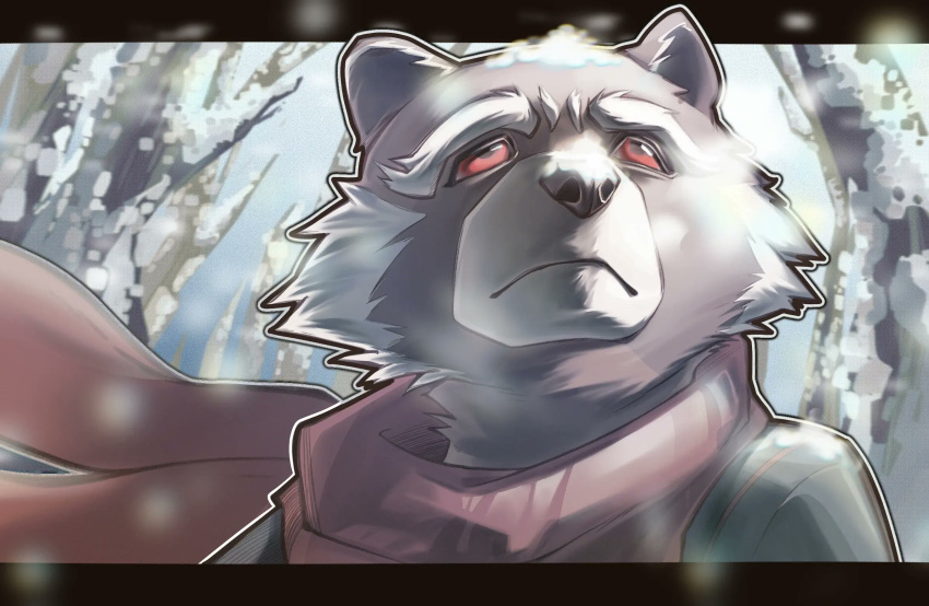1boy, animal_ears, close-up, closed_mouth, english_commentary, furry, furry_male, highres, looking_up, male_focus, marvel, raccoon_boy, raccoon_ears, red_eyes, red_scarf, rocket_raccoon, scarf, snow, tree, upper_body, wuya12373004