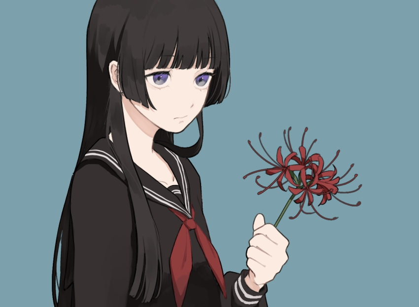 1girl, black_hair, closed_mouth, flower, hanon_non, holding, holding_flower, long_hair, neckerchief, nijisanji, red_neckerchief, school_uniform, serafuku, solo, spider_lily, tsukino_mito, violet_eyes, virtual_youtuber