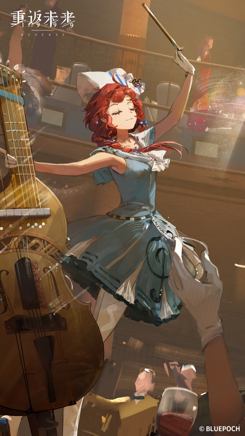 1girl, absurdres, alcohol, arm_up, audience, barcarola_(reverse:1999), blue_shirt, blue_skirt