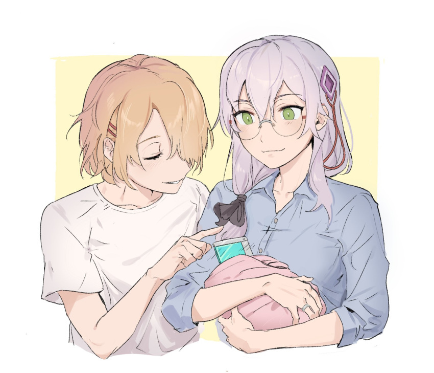 2girls, blonde_hair, flockoflove, glasses, green_eyes, grey_hair, hair_ornament, hair_over_one_eye