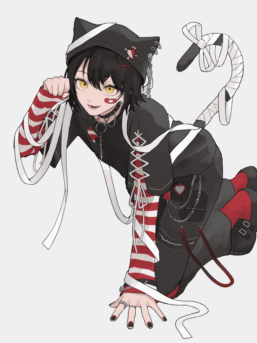 1boy, animal_ear_headwear, bandaid, bandaid_on_face, black_collar, black_hair, black_hat, black_pants