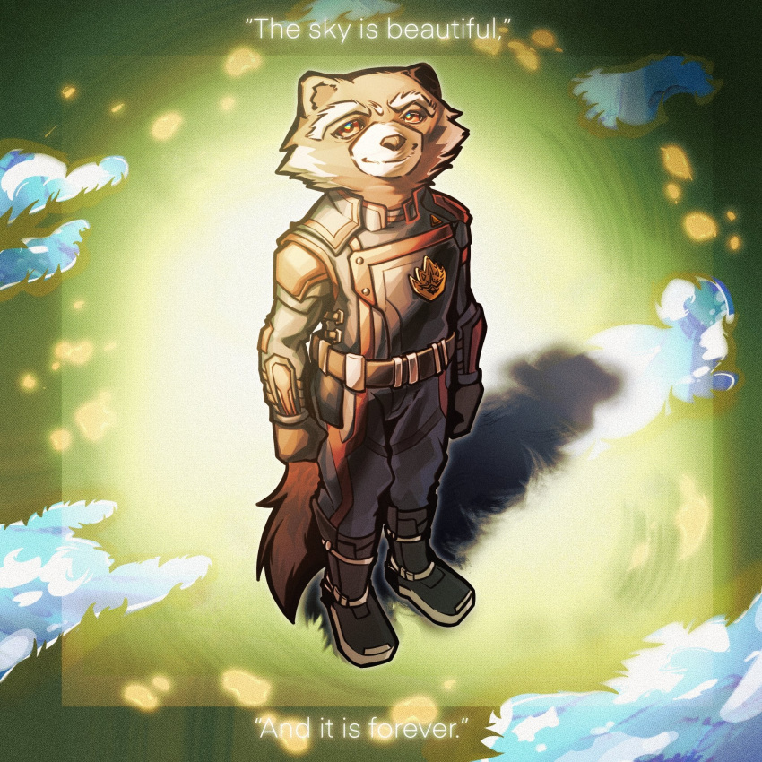1boy, animal_ears, clenched_hands, closed_mouth, clothing_request, clouds, english_text, furry
