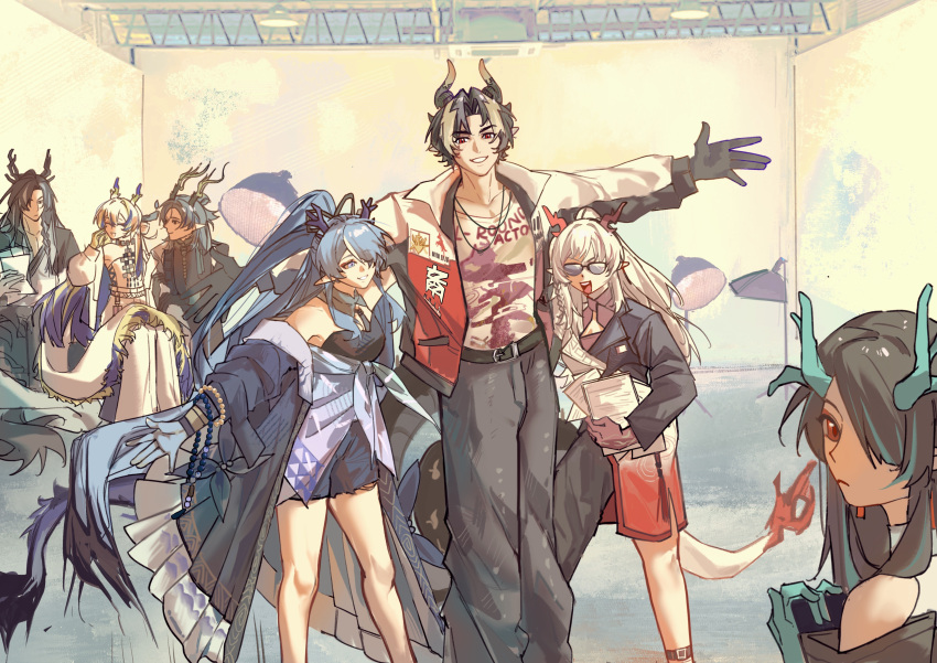 3boys, 4girls, :d, ^_^, absurdres, aqua_hair, arknights, arm_up, asymmetrical_clothes, bare_shoulders, beads, belt, belt_buckle, black_belt, black_coat, black_dress, black_hair, black_jacket, black_pants, blue_hair, brother_and_sister, brown_eyes, buckle, chinese_commentary, chongyue_(arknights), chunqiudameng229, closed_eyes, closed_mouth, clothes_writing, coat, collarbone, commentary_request, dragon_girl, dragon_horns, dragon_tail, dress, dusk_(arknights), expressionless, family, glasses, grin, hair_intakes, hair_over_one_eye, highres, holding, holding_paper, horns, jacket, jewelry, ling_(arknights), long_hair, long_sleeves, looking_at_another, looking_at_viewer, multicolored_hair, multiple_boys, multiple_girls, necklace, nian_(arknights), nian_(thunderbolt_director)_(arknights), off_shoulder, official_alternate_costume, one_eye_covered, open_clothes, open_jacket, outstretched_arm, pants, paper, posing, red_eyes, red_jacket, shirt, short_dress, short_hair, shu_(arknights), siblings, single_pantsleg, sisters, smile, stage, standing, strapless, streaked_hair, studio, t-shirt, tail, taking_picture, tube_top, turning_head, violet_eyes, wang_(arknights), white_hair, white_jacket, white_shirt, white_tube_top, zhi_(arknights)