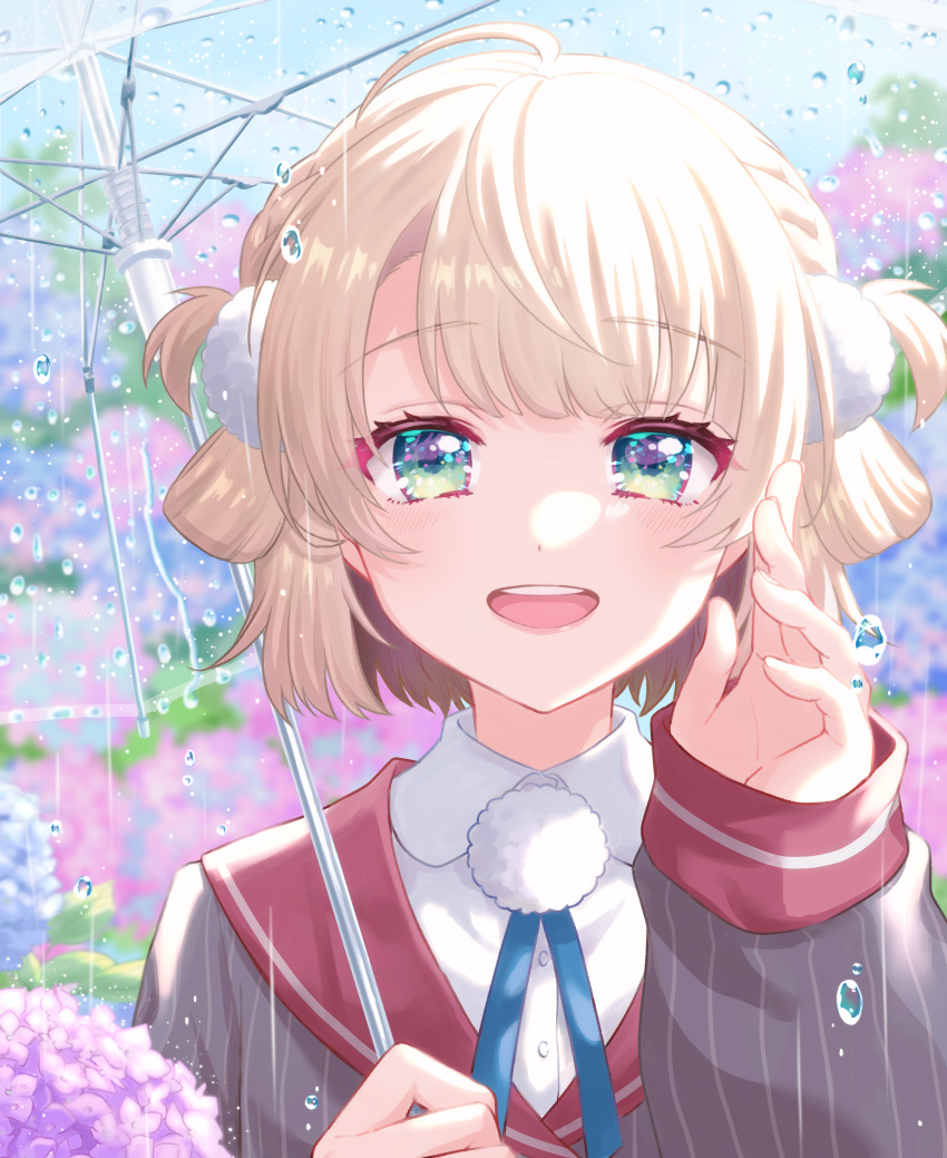 1girl, absurdres, blonde_hair, blue_ribbon, collared_shirt, commentary_request, flower, fuyuto_kaoru