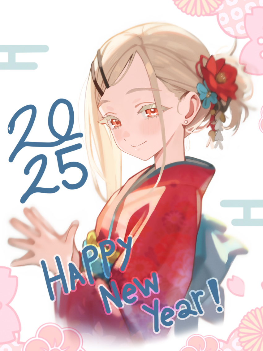 1girl, 2025, absurdres, asymmetrical_sidelocks, blonde_hair, blush, colored_eyelashes, earrings, flower, gakuen_idolmaster, hair_flower, hair_ornament, happy_new_year, highres, idolmaster, japanese_clothes, jewelry, kimono, looking_at_viewer, orange_eyes, own_hands_together, red_kimono, rehu_(astd5787), shinosawa_hiro, smile, solo, steepled_fingers, stud_earrings, swept_bangs, upper_body