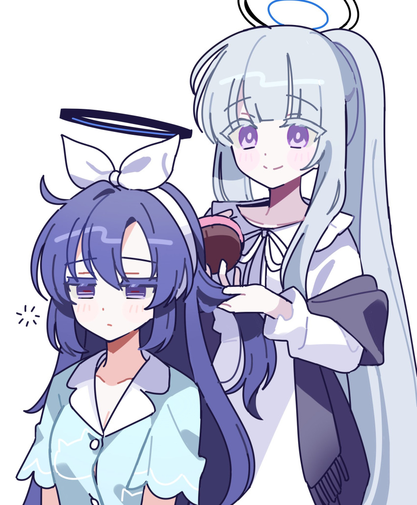 2girls, blue_archive, blue_eyes, blue_hair, blue_shawl, blush, bow, bow_hairband