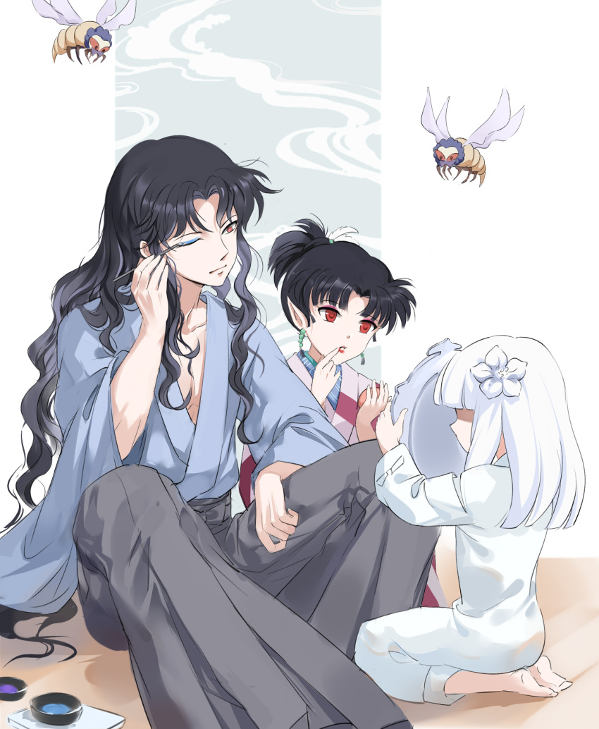 1boy, 2girls, :o, aircf, applying_makeup, arm_on_own_leg, black_hair, blunt_bangs