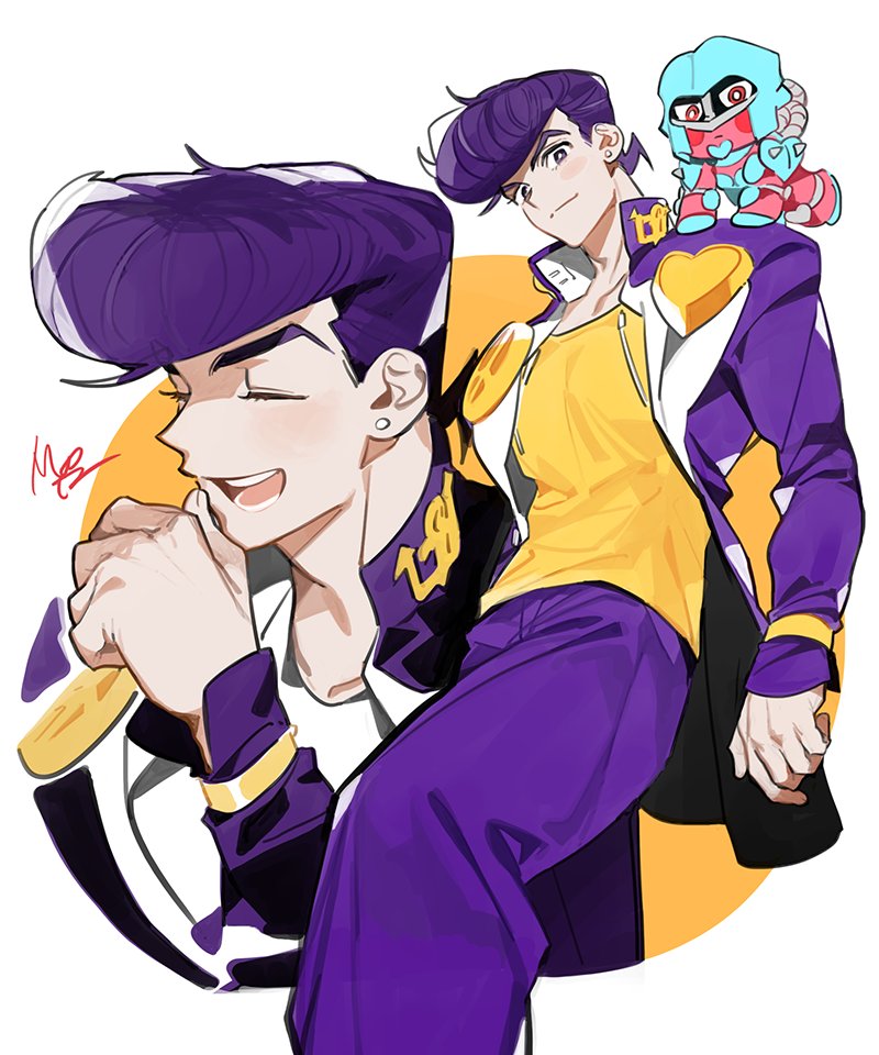 1boy, closed_eyes, crazy_diamond, diamond_wa_kudakenai, earrings, eyelashes, feet_out_of_frame, higashikata_josuke