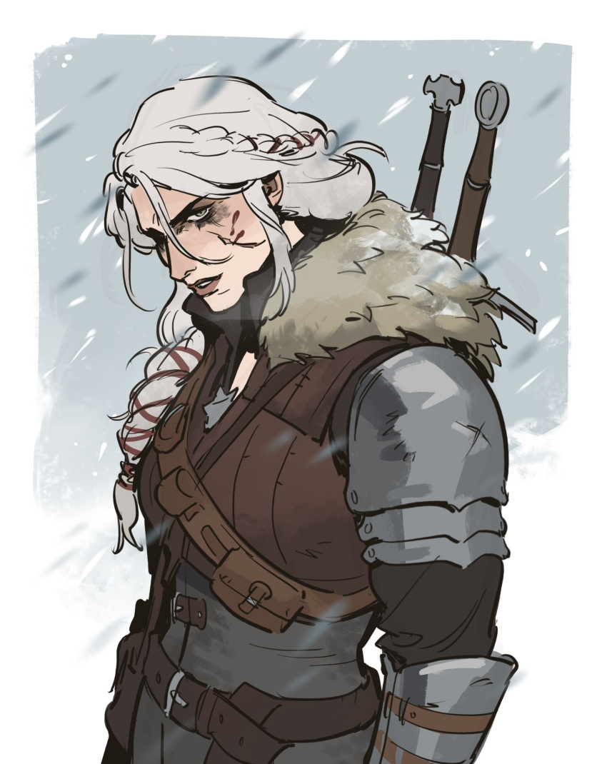 1girl, armor, belt, brown_belt, ciri, fur_collar, green_eyes, highres