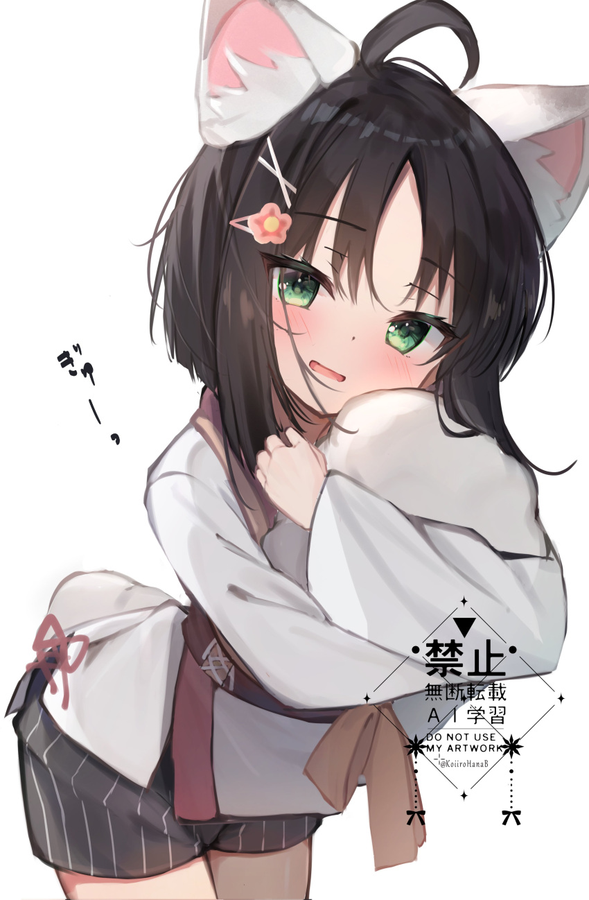 1girl, absurdres, ahoge, animal_ear_fluff, animal_ears, black_hair, black_shorts, blush
