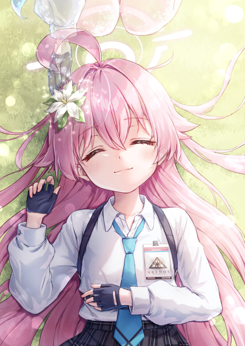 2girls, absurdres, ahoge, black_gloves, blue_archive, blue_necktie, clone, closed_eyes, closed_mouth, ekura28, facing_viewer, fingerless_gloves, flower, gardenia_(flower), ghost, gloves, grey_skirt, hair_between_eyes, hair_flower, hair_ornament, halo, hand_on_own_stomach, hand_up, highres, hoshino_(blue_archive), id_card, long_hair, long_sleeves, lying, multiple_girls, necktie, on_back, on_grass, on_ground, outdoors, pink_hair, plaid_clothes, plaid_skirt, shirt, skirt, smile, solo_focus, transparent, upper_body, very_long_hair, white_flower, white_shirt