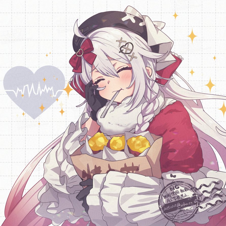1girl, ahoge, black_gloves, black_hat, braid, closed_eyes, closed_mouth, food