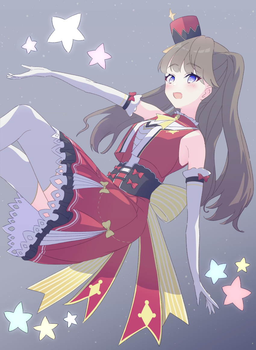 1girl, :d, armpit_crease, back_bow, blush, bow, brown_hair, commentary