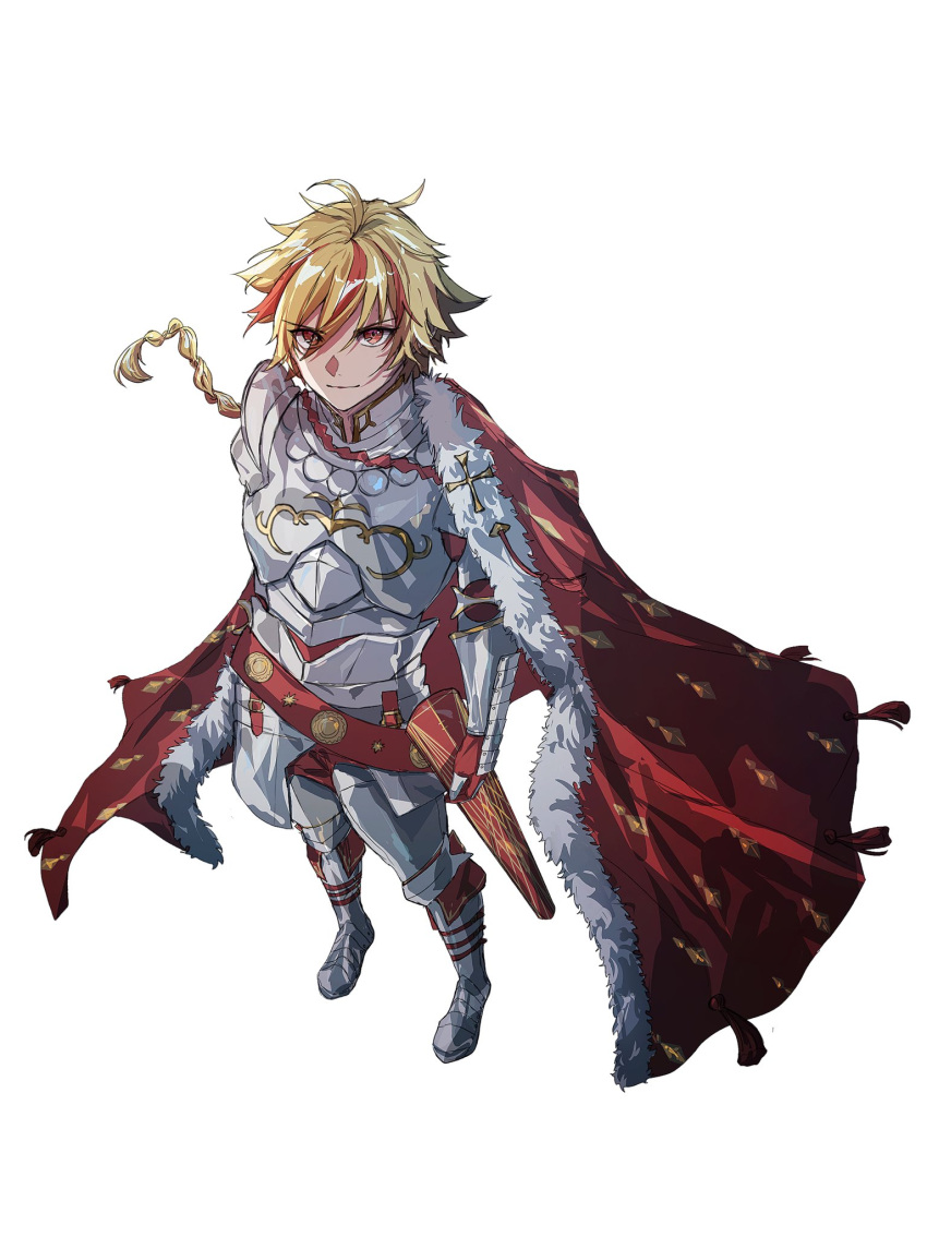 1boy, anohito_(amaruno110), armor, blonde_hair, braid, breastplate, cape, closed_mouth