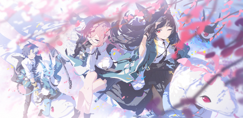 1boy, 3girls, animal_ears, asaba_harumasa, black_gloves, black_hair, black_necktie, black_skirt