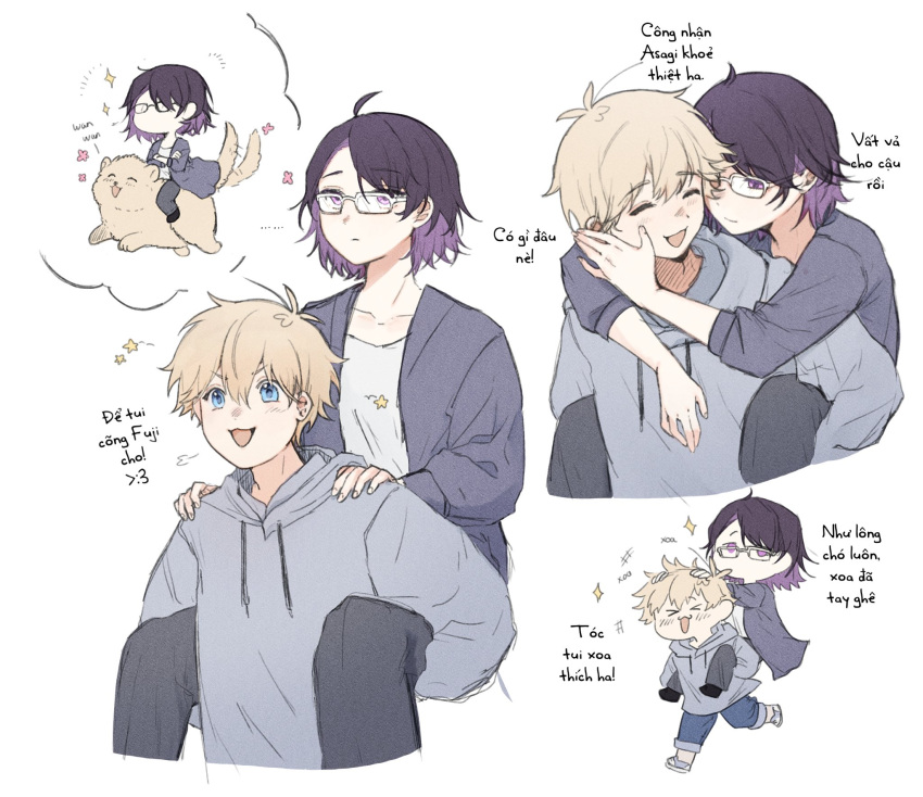 1boy, 1girl, androgynous, blonde_hair, blue_eyes, carrying, ch1kku, chibi, commentary, dog, fuji_(goukon), glasses, goukon_ni_ittara_onna_ga_inakatta_hanashi, grey_hoodie, grey_jacket, hashtag-only_commentary, hetero, highres, hood, hood_down, hoodie, jacket, light_blush, long_sleeves, looking_at_another, open_mouth, piggyback, purple_hair, ruffling_hair, shirt, short_hair, simple_background, speech_bubble, symbol-only_commentary, thought_bubble, translation_request, vietnamese_text, violet_eyes, white-framed_eyewear, white_background, white_shirt