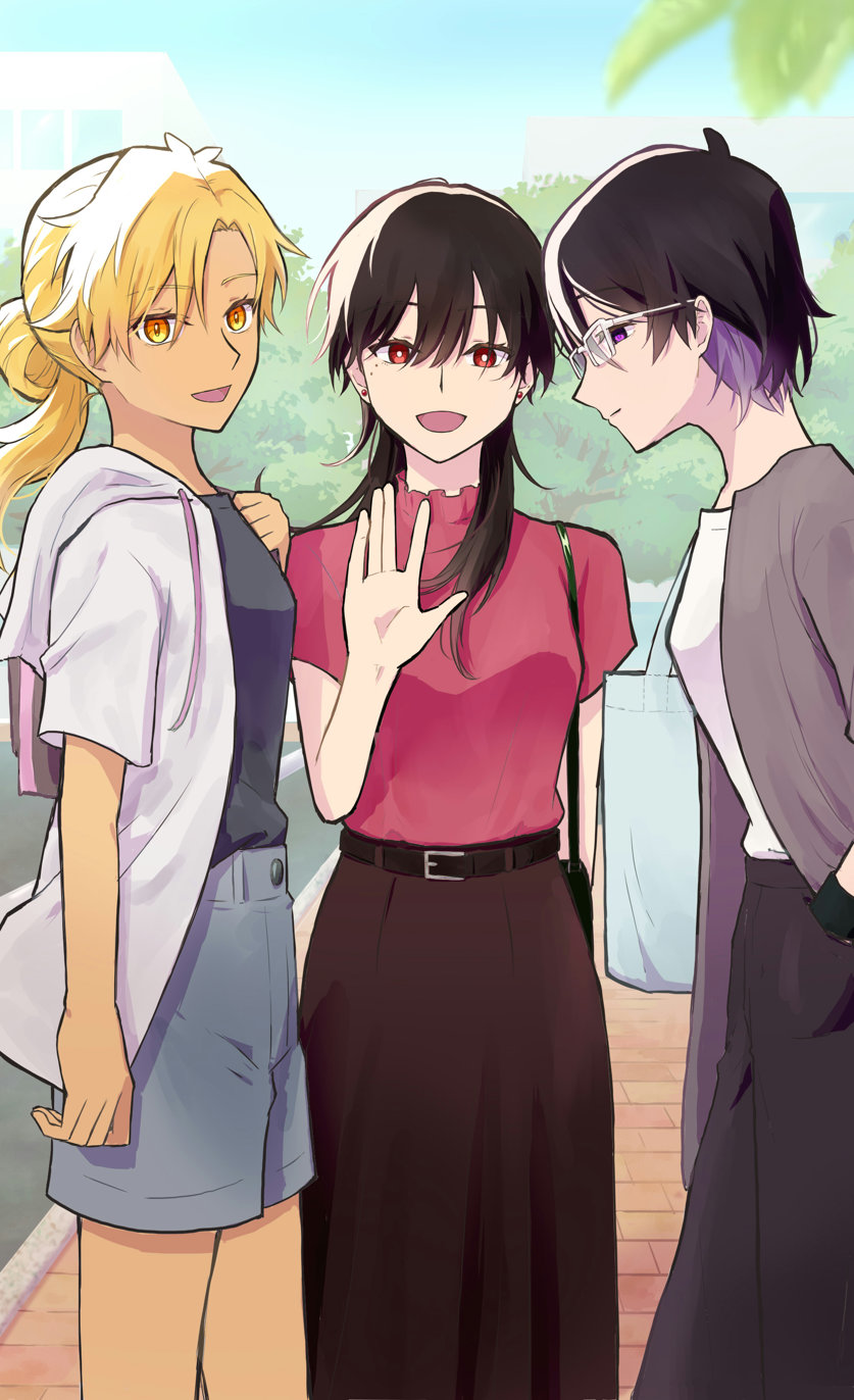 3girls, bag, black_hair, black_pants, black_shirt, blonde_hair, blue_shorts, bright_pupils