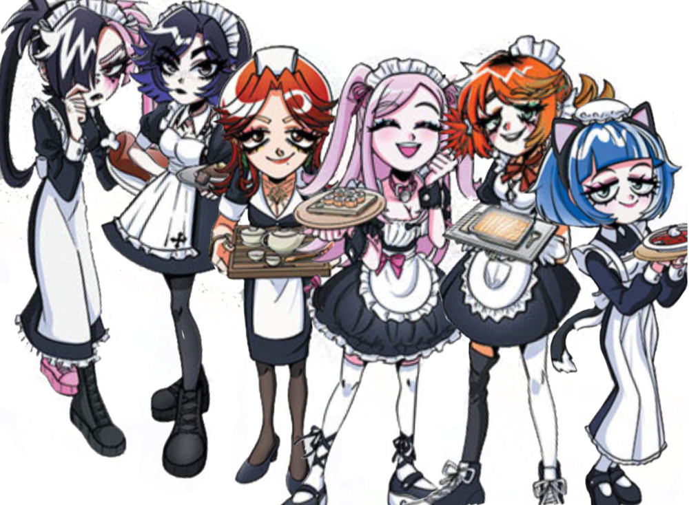 6+girls, alice_(alt-girl_for_skuf), alice_(the_maids)_(alt-girl_for_skuf), alt-girl_for_skuf, black_choker, black_dress, black_hair, blue_hair